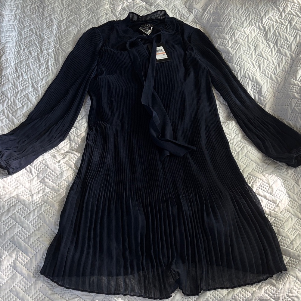 DKNY Blue Pleated Dress with neck tie